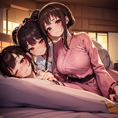 high resolution,high quality,beautiful,２０age,Brown hair ponytail, , Light pink yukata,Waking up,Sleepy eyes,((Mouth slightly open)),Big Breasts,beautifulスタイル,Lying on your back,The yukata is open,Random Pause,whole body,((((1 person)))),room,Edo Period