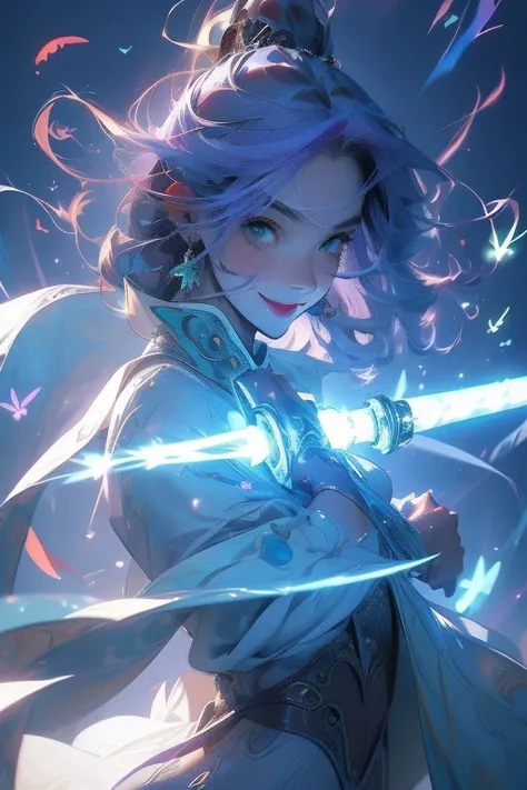 Perfect face. Perfect hands. A light purple haired woman with green eyes with an hourglass figure is smiling in a flurry of lightning bugs with a big smile at the shrine