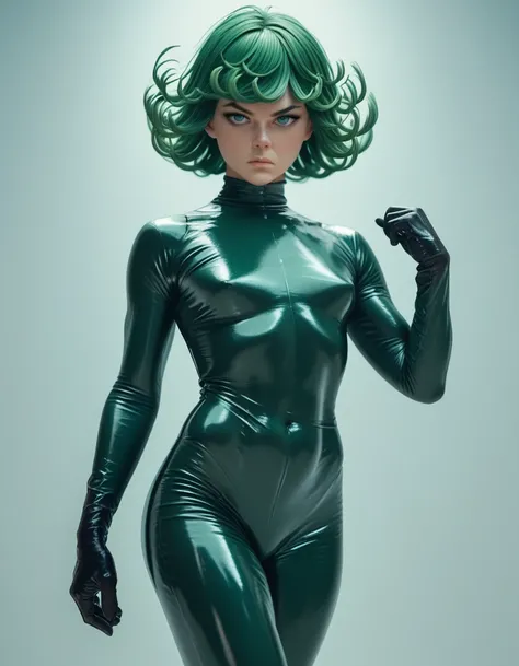 Digital illustration of a female Tatsumaki White character with muscular build, wearing a tight latex jumpsuit. She has long black hair with two braids and latex gloves. His facial expression is serious, with blue eyes and a determined look. The characters...