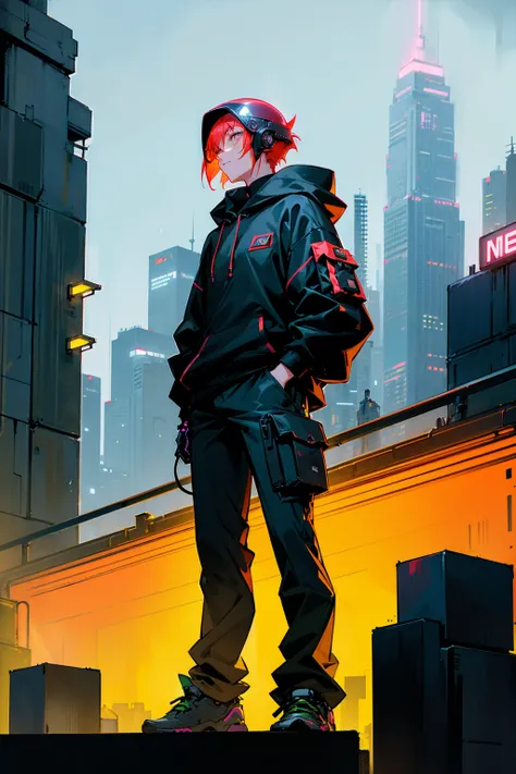 1male, spiky red hair, amber eyes, wearing a black hoodie with neon green patterns, baggy cargo pants, standing on a city path, futuristic skyline with holograms, night with neon lights, holding a cyberpunk helmet, masterpiece, 8k.