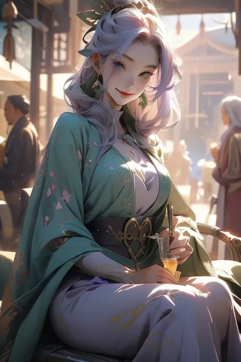 Perfect face. Perfect hands. A light purple haired woman with green eyes with an hourglass figure is sitting on a bench with a big smile at the shrine