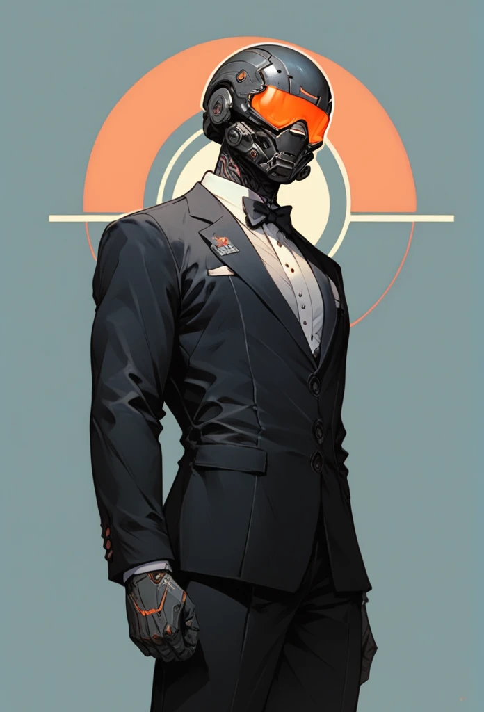 (score_9, score_8_up), score_7_up, zPDXL, style, Man, Futuristic round black helmet, black Fulfilled Tuxedo suit with orange neon lines, (Matrix style outfit), Sovereign pose, cowboy shot sinozick style, Hands back