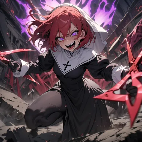 Top quality, masterpiece, high resolution, evil nun, shark teeth, red hair, purple eyes, crazy smile, sinister giant scissors, evil aura effects, ferocious stomping on the remains of a huge mechanical weapon A nun inside a giant mechanical dome