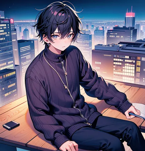 high quality, draw amount, pixiv illustration, scene with handsome young man looking at night sky from city rooftop. he is under...