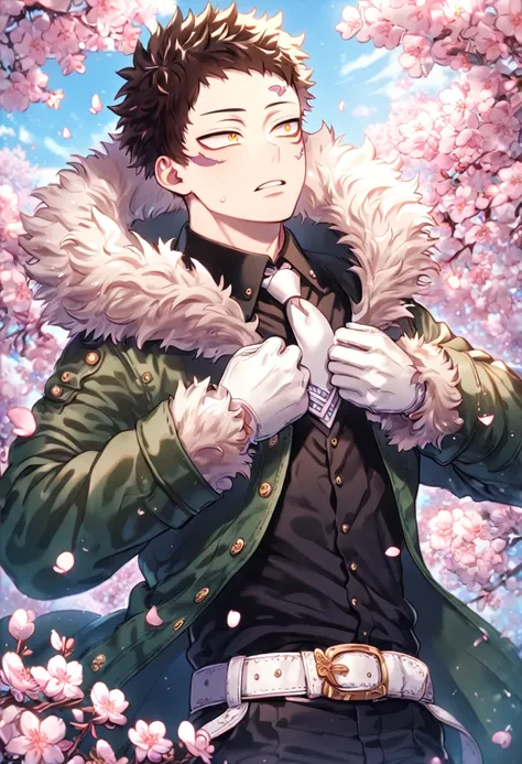 absurdres, highres, ultra detailed, HDR, master piece, best quality, extremely detailed face, delicated features, Overhaul, dark brown hair, short hair, short bangs, expressive yellow eyes, Boku No Hero Academia, solo, sexy man, handsome, dark green coat w...