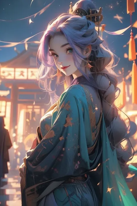 Perfect face. Perfect hands. A light purple haired woman with green eyes with an hourglass figure is watching the stars at a shrine with a big smile