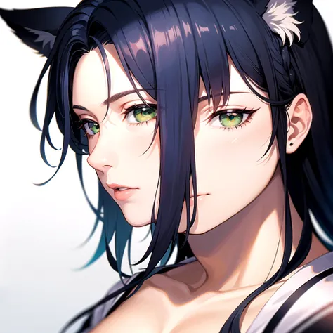 ((Highest quality)), ((masterpiece)), (detailed), ((A young man with navy blue fox ears)),((Navy Blue Hair)),((Green Eyes)),Close-up of face,Simple Background,The background is white,