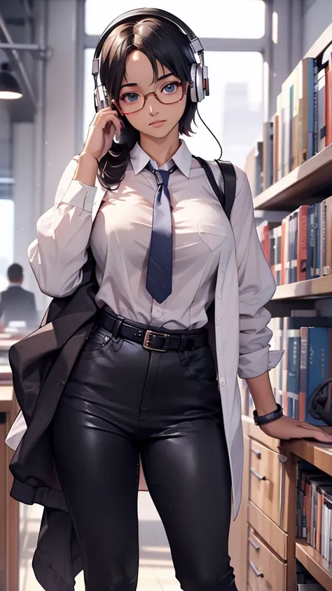 whole body, entire body, full body, total body, upright stance, erect posture, shoes, waist belt, 20-years-old beautiful office working female, (black rim glasses), (white headphones), black hair, date clothes, early summer costume, colorful costumes, inte...