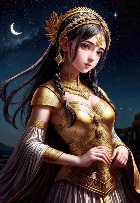 A girl，Ancient Greek costumes，Gorgeous decoration，moon，Starry Sky