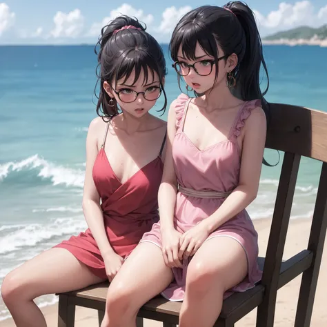 Masterpiece, Top quality, Earrings, pink dress, Black hair, Small breasts, Girl, Upper body, Hot, Sweating, Sitting, Ponytail, Looking at camera, Sea, Looking forward, Spread legs, Angry, chair sit, midnight, Showing crotch, wear glasses