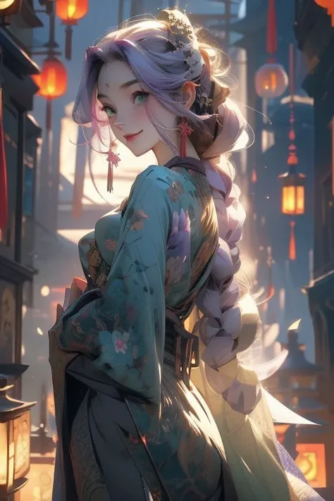 Perfect face. Perfect hands. A light purple haired woman with green eyes with an hourglass figure is watching the lanterns at a shrine with a big smile