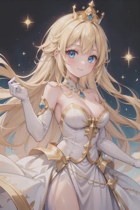 girl, blue eyes, princess, blonde long hair, golden with white dress, gold crown, white gloves, smile, medium breasts