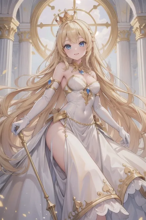 girl, blue eyes, princess, blonde long hair, golden with white dress, gold crown, white gloves, smile, medium breasts