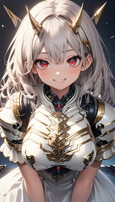 masterpiece, Highest quality, Very detailed, High resolution, Japanese anime,One girl, Silver Hair, (Medium length hair:1.5), Wavy Hair, Mechanical Wing, (Red eyes:1.5), (Beautiful attention to detail:1.4), smile, 12 years old, Height: 130cm, (Huge breasts...