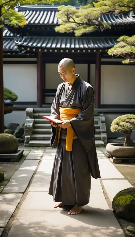  mysterious monk, identified as Tenkai, with a serene expression, holding a scroll, standing in a tranquil temple garden.