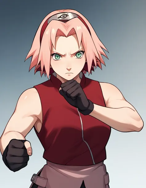 break, source_anime,
1girl, haruno sakura, pink hair, short hair, green eyes, sleeveless, red shirt, forehead protector, beautif...