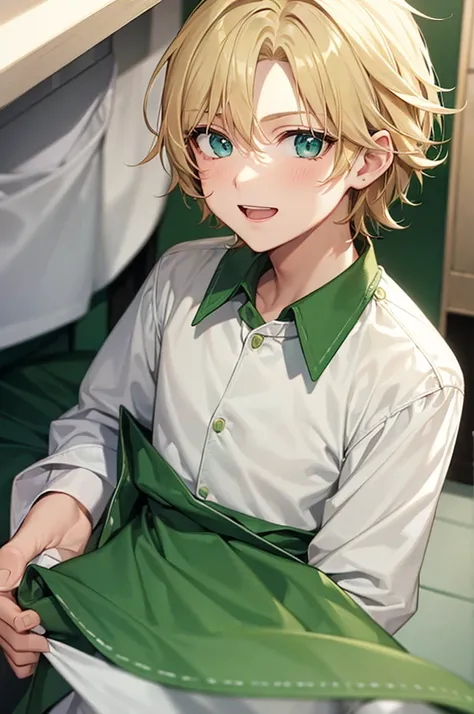 boy, blond, green eyes, white clothes, happy face