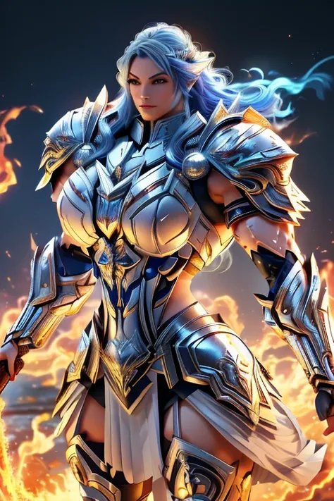 (((Massive, tall, beautiful, buff, muscular, pale white skinned asian female Valkyrie with royal blue hair, ginormous bulky muscles, holding a fire sword and wearing an all royal blue gleaming Valkyrie armor and pleated skirt))), ((close-up)), black eyelin...