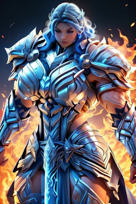 (((Massive, tall, beautiful, buff, muscular, pale white skinned asian female Valkyrie with royal blue hair, ginormous bulky muscles, holding a fire sword and wearing an all royal blue gleaming Valkyrie armor and pleated skirt))), ((close-up)), black eyelin...