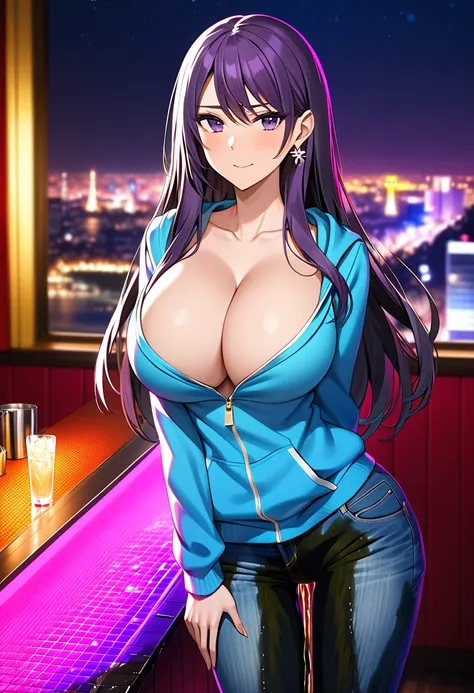 woman, very dark purple hair, purple eyes, long hair, large breasts, skinny, mature figure, stylish blue hoodie, tight jeans, standing, (wetting herself:1.5), best quality, ultra-detailed, HDR, studio lighting, professional, vivid colors, sharp focus, boke...