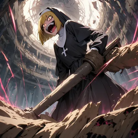 Top quality, masterpiece, high resolution, evil nun, shark teeth, Bobcut,yellow hair, red eyes, With a giant hammer,crazy smile, sinister, evil aura effects, ferocious stomping on the remains of a huge mechanical weapon A nun inside a giant mechanical dome