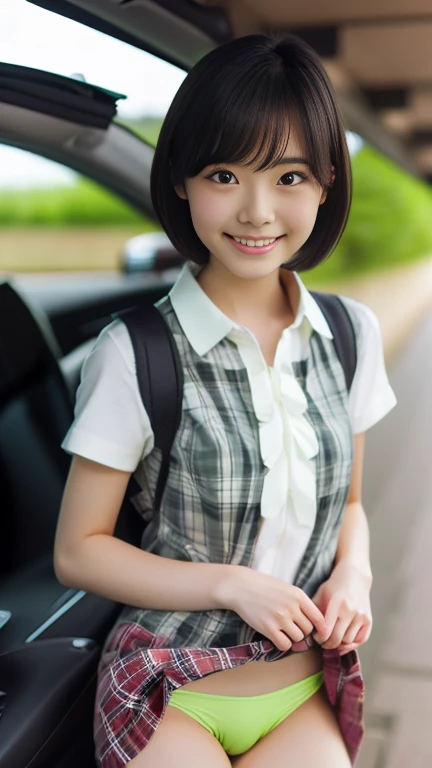 perfect Ratio Face, Balanced eyes, double eyelid,japanese girl,17yr,round face, Beautiful nasal muscles lipgloss,Balanced style,shorthair with bangs,smile,(open plaid shirt),Plain color skirt,wearing watch on rist,fluorescent green underwear,on country roa...