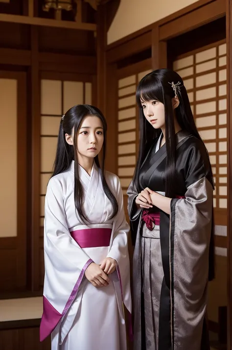 Inside a solemn shrine or palace. Konohana Sakuya-hime with a worried expression, and Ninigi no Mikoto with a slightly suspicious look, as if questioning her about something important.