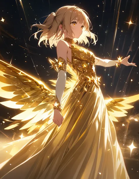 goddess(gold short hair, side-up hair, golden eyes, golden one-piece long dress, white forearm sleeves, white high boots, golden multi wings, star-motif bracelet), shining effect, starlight, sideway view