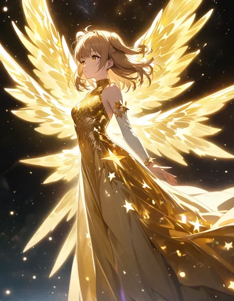 goddess(gold short hair, side-up hair, golden eyes, golden one-piece long dress, white forearm sleeves, white high boots, golden multi wings, star-motif bracelet), shining effect, starlight, sideway view