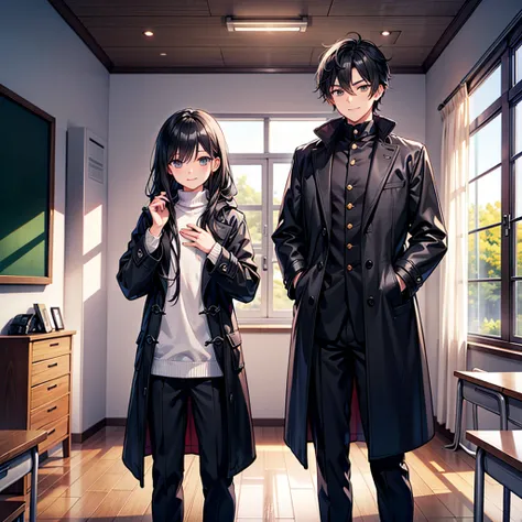 Anime art style,Highest quality,High resolution,Anatomically correct,One Man,Standing alone in the classroom,Twenty generations,good looking,Spiky hair,Black Hair,Gentle smile,A rich expression,Black long coat,White innerwear,Put your hands in your coat po...