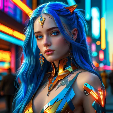 a beautiful girl with long blue hair and piercing blue eyes,detailed facial features,gorgeous detailed portrait,intricate elegant dress,dynamic action pose,futuristic mecha robot,neon city landscape,vibrant cyberpunk aesthetic,dramatic lighting,cinematic c...