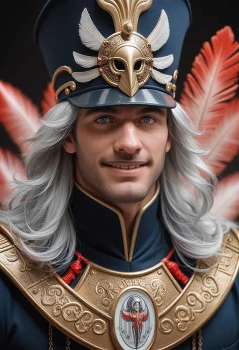 Silver-colored male Stand with aerodynamic body, covered in clockwork mechanisms and crystals. Face is a Thalia mask with smile and shining eyes. Hair is long and silver with golden locks. Wears black hat with red feather and artisanal armor with steel pla...