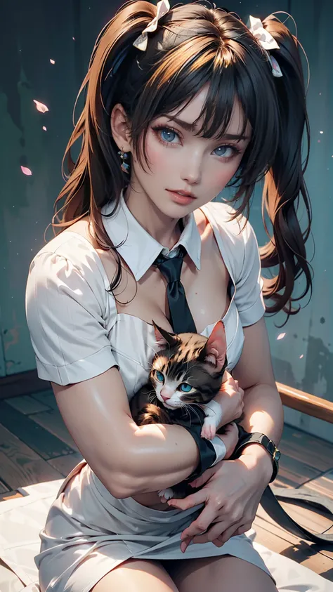 Innocence, Dark green hair, Twin tails, Put your arms behind your back, White Dress, Black waist tie, girl,blue eyes,Sexy proportions、Top view、Pop pastel color background、Cute Pumps、Wristband、Anime poster style、She holds a small kitten lovingly in front of...