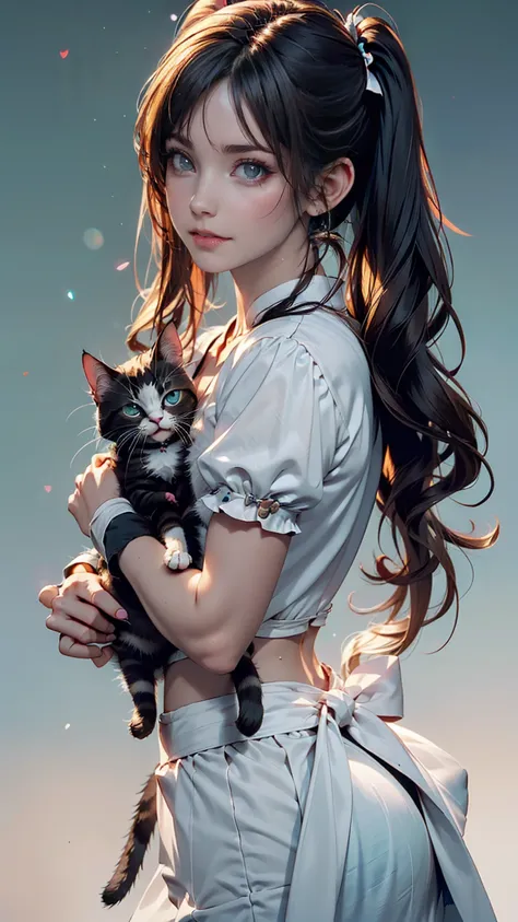 Innocence, Dark green hair, Twin tails, Put your arms behind your back, White Dress, Black waist tie, girl,blue eyes,Sexy proportions、Top view、Pop pastel color background、Cute Pumps、Wristband、Anime poster style、She holds a small kitten lovingly in front of...