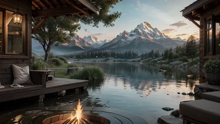 there is a fire pit on a deck with a view of the mountains, rivers and greenfields, unreal engine ; romantic theme, warm beautiful scene, unreal 5 engine rendered, unreal 6 breathtaking detailed, unreal engine highly rendered, rendered in unreal 5, beautif...