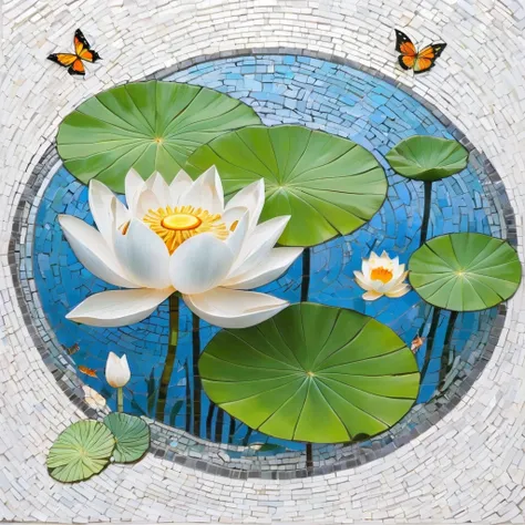 white background, white lotus, lotus leaves, swimming fish, flying butterflies, mosaic radiation: 1.2, welcoming sunlight: 0.8, ...