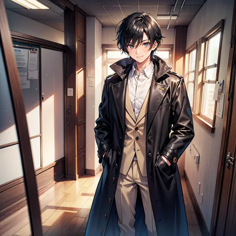 Anime art style,Highest quality,High resolution,Anatomically correct,One Man,Standing alone in the classroom,Twenty generations,good looking,Spiky hair,Black Hair,Gentle smile,A rich expression,Black long coat,White innerwear,Put your hands in your coat po...