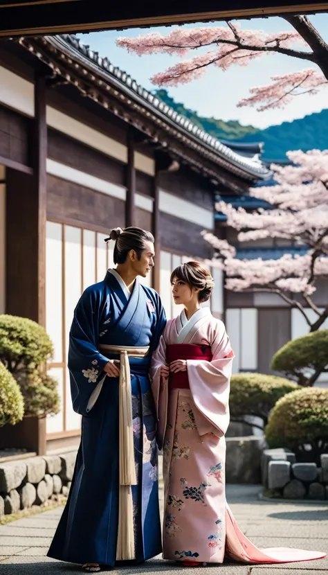 A dramatic scene showing Akechi Mitsuhide and a beautiful woman in traditional Japanese attire, with a backdrop of a luxurious samurai residence, suggesting a secret meeting.