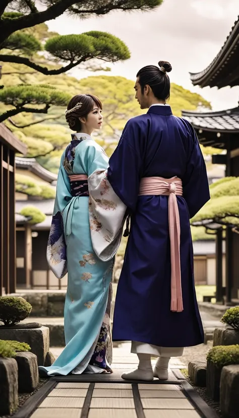 A dramatic scene showing Akechi Mitsuhide and a beautiful woman in traditional Japanese attire, with a backdrop of a luxurious samurai residence, suggesting a secret meeting.