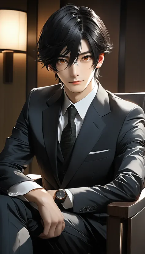 Salarman,One person,Sitting in a chair,Japanese、Black Hair、Brown eyes,male、suit