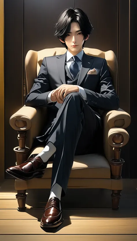 Salarman,One person,Sitting in a chair,Japanese、Black Hair、Brown eyes,male、suit