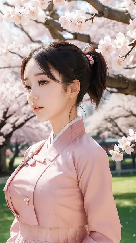 (best quality, 8k, masterpiece: 1.3), ((((((Incredibly huge breasts: 0.8))))), single ponytail, (beautiful face:1.3), Cherry blossoms are in full bloom, full of cherry blossoms, floating cherry blossom petals, very cool, Authentic Korean Hanbok