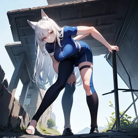 (8k, Realistic, RAW Photos, Highest quality, (from below:2), View your viewers: 1.3), (Fox Girl, Fox Ears, Silver Hair, One Girl, Long Hair, (Alone on the screen, dark skin), High definition:1.6), (Blue clothes, Bikini armor:1.8), (Body measurements are 99...