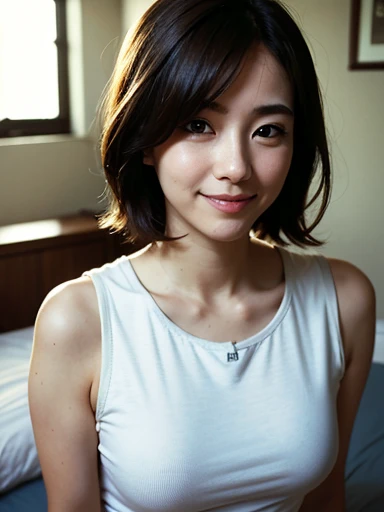 In front of the white wall of a stylish white hotel room with the morning sun shining in、On the bed、18-year-old female、Realistic Skin、((Dark Eyes))、A shy smile、Medium Short Hair、Grey T-shirt、Yoshitomo Nara, shikamimi, Chiho, mayuri shiina, A real young gra...