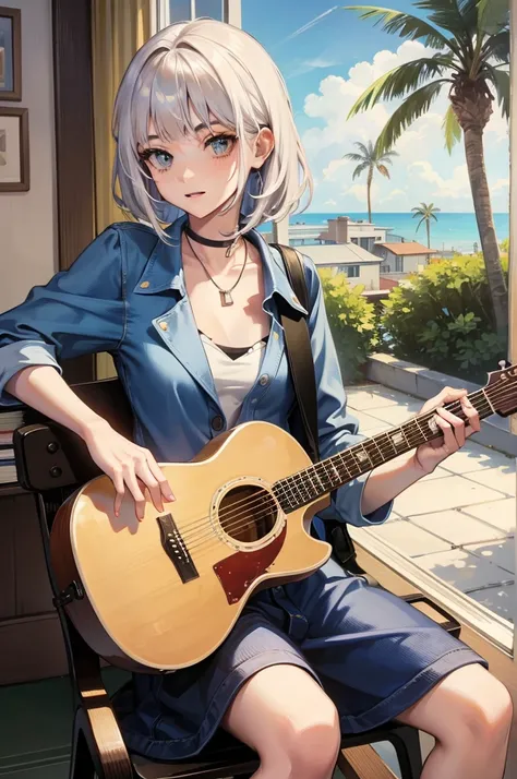 1 girl, sitting down with a guitar, background inside a house sitting next window, that shows LA with palm trees, music ablum.
