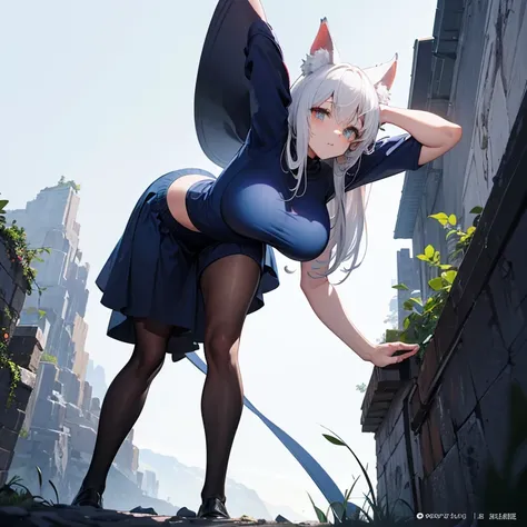 (8k, Realistic, RAW Photos, Highest quality, (from below:2), View your viewers: 1.3), (Fox Girl, Fox Ears, Silver Hair, One Girl, Long Hair, (Alone on the screen, dark skin), High definition:1.6), (Blue clothes, Bikini armor(LECO):1.8), (Body measurements ...