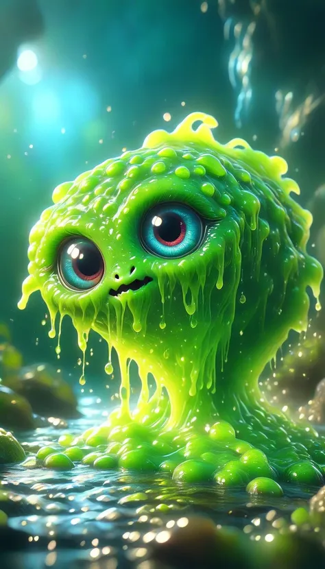 a slime creature with large eyes, detailed facial features, gelatinous body, vibrant colors, slimy texture, dynamic pose, fantas...