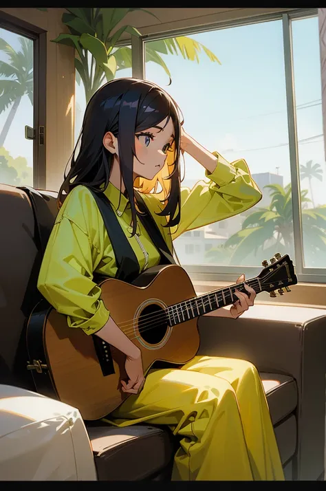 1 girl, sitting down with an acoustic guitar, background inside a house sitting next window that shows LA with palm trees, music album.
