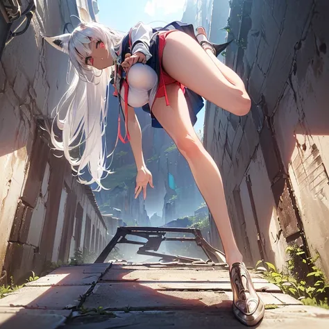 (8k, Realistic, RAW Photos, Highest quality, (from below:2), View your viewers: 1.3), (Fox Girl, Fox Ears, Silver Hair, One Girl, Long Hair, (Alone on the screen, dark skin), High definition:1.6), (Bikini armor:1.8), (Body measurements are 99-55-77!, Heigh...