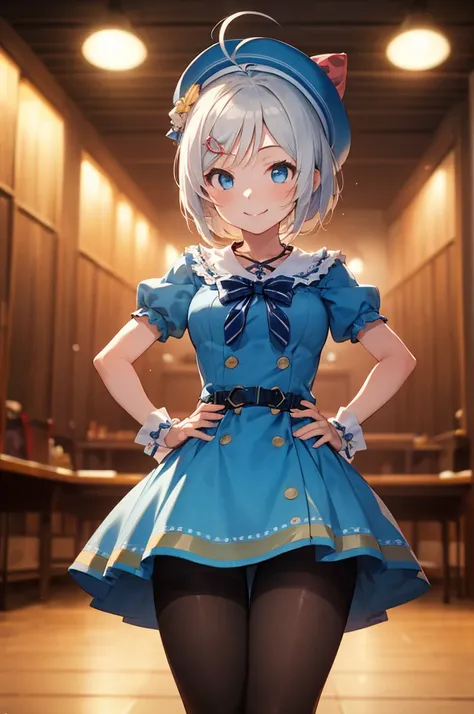 (masterpiece, best quality:1.2), cowboy shot, solo, 1girl, vtsiro, smile, looking at viewer, hands on hips, antenna hair, hair ornament, hat, blue dress, striped bow, pantyhose, spotlight